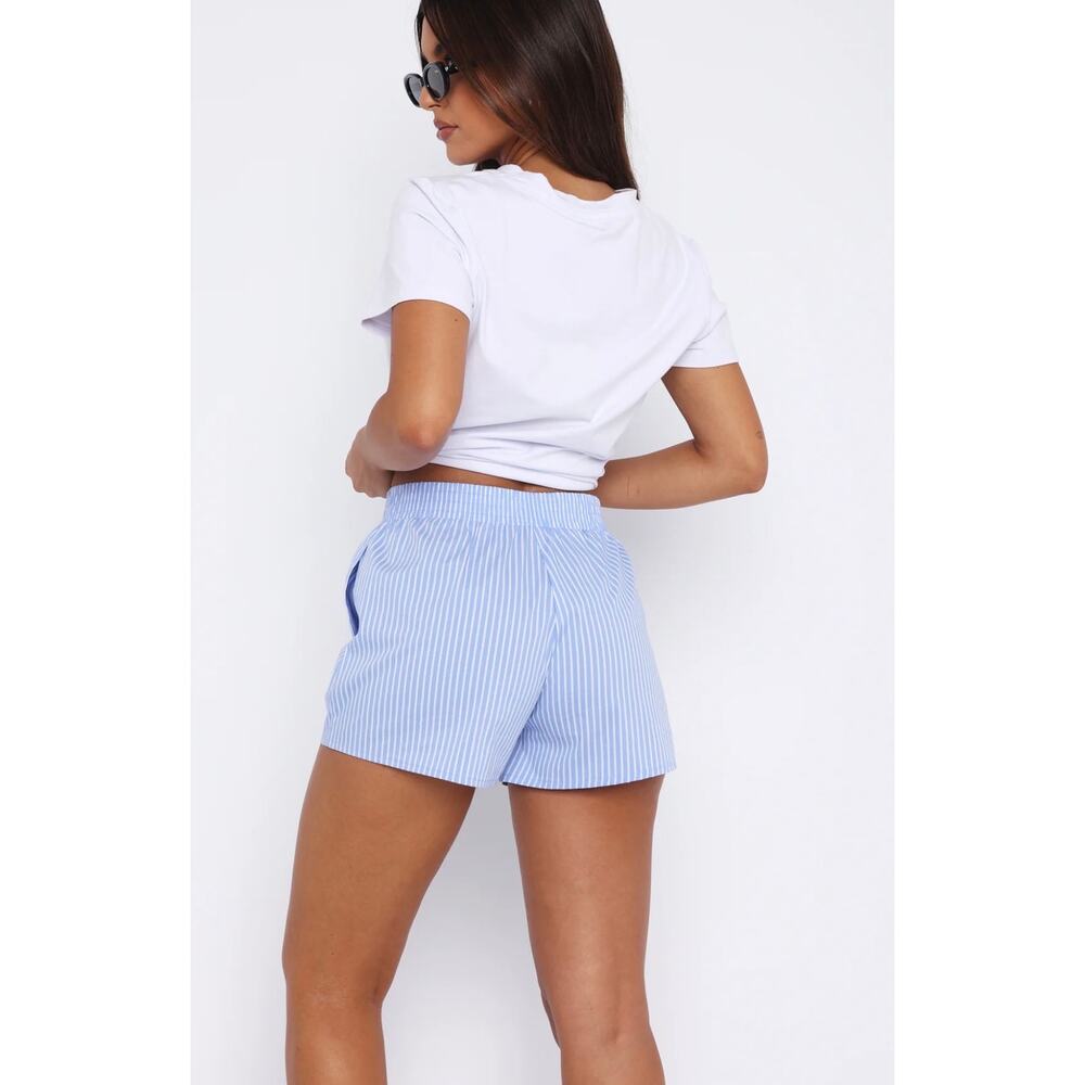 White Fox Wasting My Time Shorts Blue White Stripe Size S Elastic Waist Casual - Picture 8 of 9